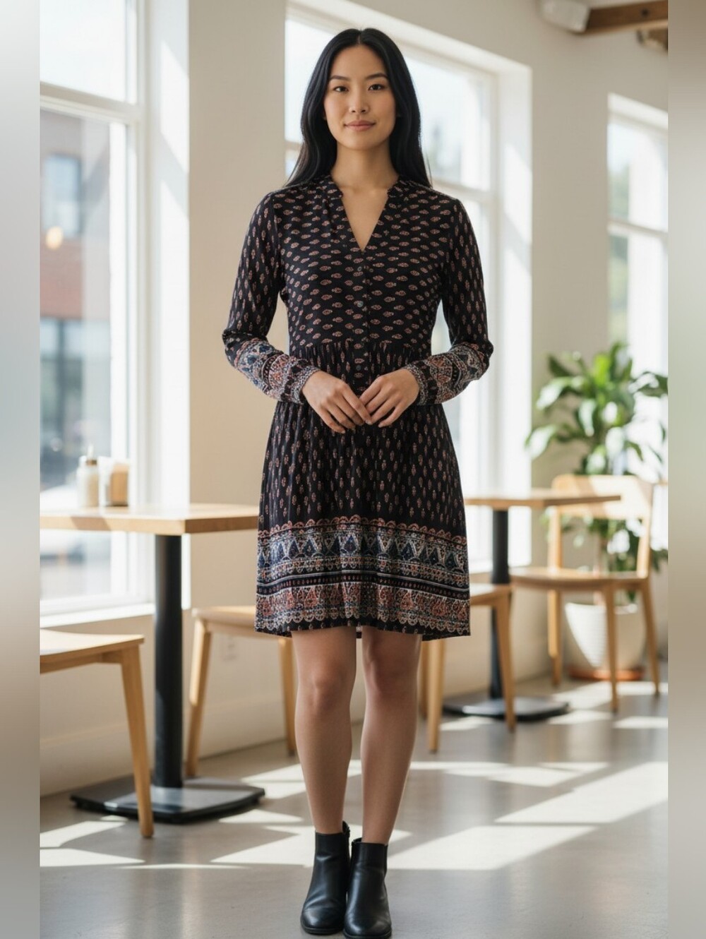 EARTHBOUND Trading CompanyBlack Long-Sleeve Boho Border Print Dress